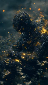 Cybernetic figure glowing with embers in dark field.