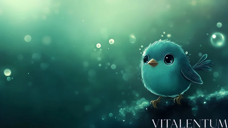 Whimsical Blue Bird on a Branch in Dreamy Digital Art Style.
