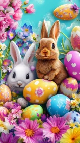 High-saturation Easter vignette with fur-detailed rabbits and eggs