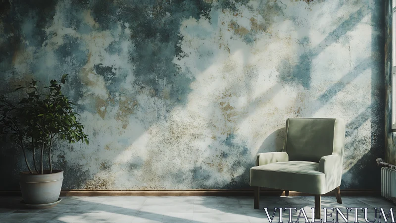 Sunlit armchair against patinated textured plaster wall.