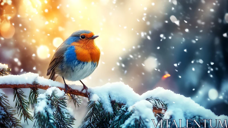 Vibrant European Robin on Snowy Branch, Winter Nature Scene.