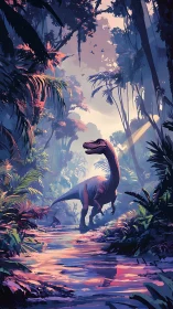 Digital painting of dinosaur in luminous prehistoric jungle scene.