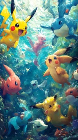 Underwater Pokemon swarm glow in swirling teal currents.