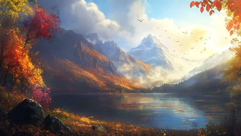 Sunlit alpine lake framed by autumnal forest and snowy peaks