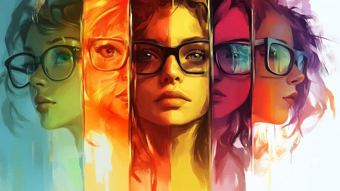 Chromatic portrait panels of woman with glasses in motion.
