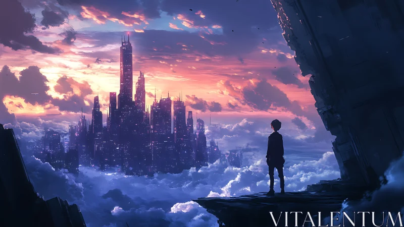 Silhouette observes elevated futuristic city above cloud layer