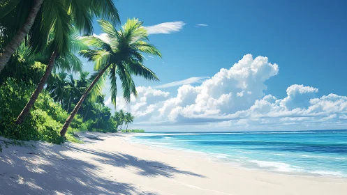 Pristine Tropical Beach Paradise with Palm Trees.