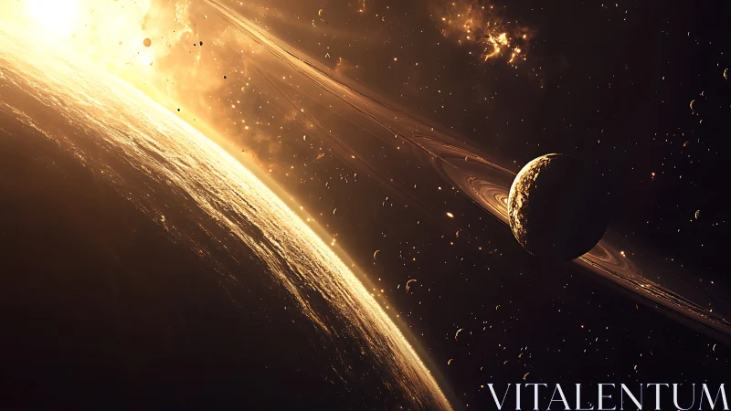 Ringed planet system with illuminated horizon in space.