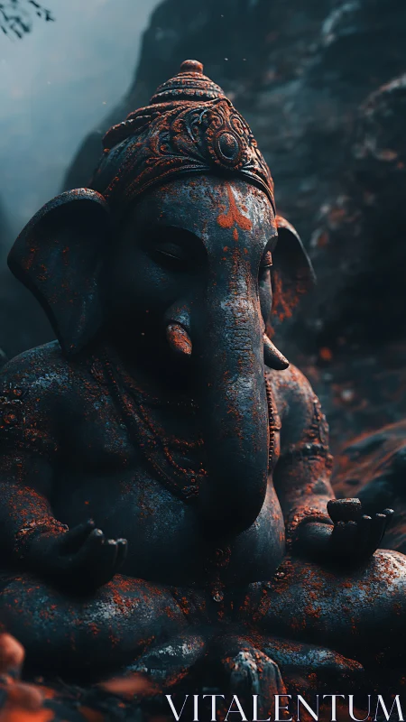 Textured stone Ganesha sculpture in misty canyon light.
