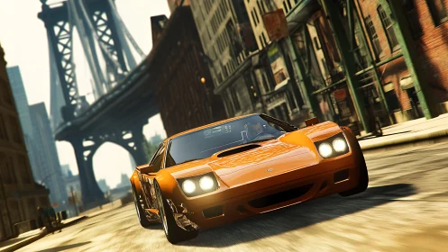 Orange sports car drifts through stylized urban bridge scene