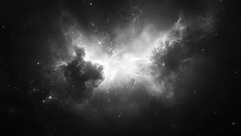 Monochrome bipolar nebula with high-contrast stellar diffusion.