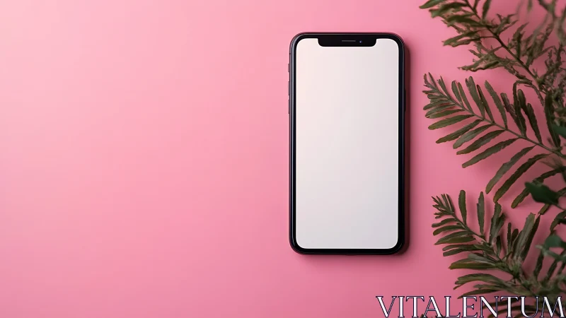 Smartphone mockup on pink with green palm foliage.