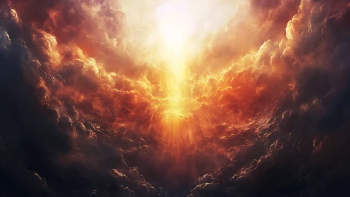 Radiant vertical light column within dense storm clouds.