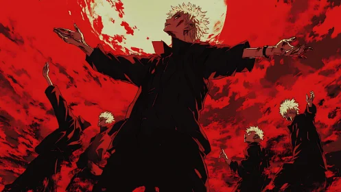 Anime composition of multiplied figure under blood-red sky.