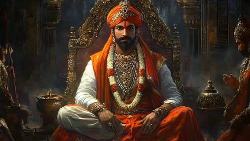 Royal warrior king in ornate orange robes on throne.