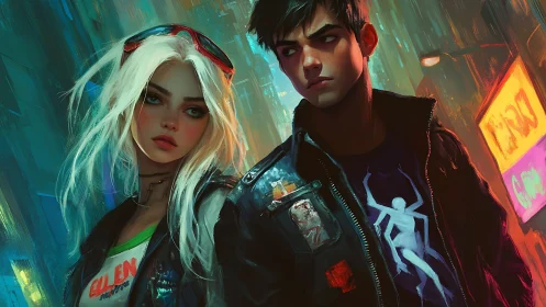 Cyberpunk duo stands in neon alley with stylized painterly lighting