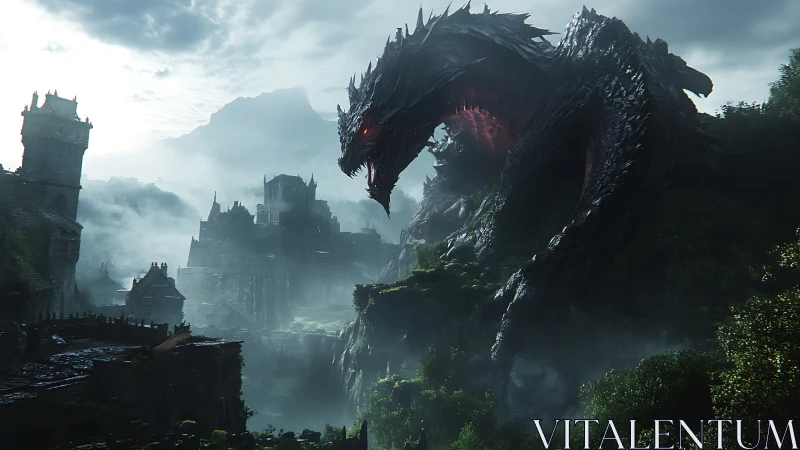 Colossal obsidian dragon looming over mist-laden ruined citadel