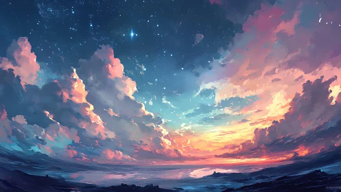 Digital seascape sky with stars, clouds and distant horizon.