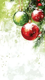 Holiday ornaments with snow on green abstract background.