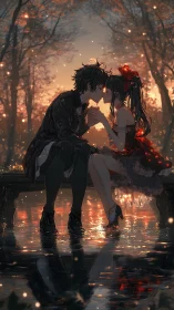 Twilight bench confession under ember-lit autumn rainstorm.