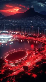 Neon red city lights glowing softly beneath sunset skies.