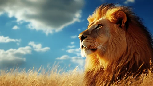 Majestic lion surveys a golden savanna beneath vast clouds.