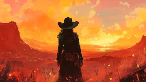 Solitary figure in long coat facing orange desert sunset.