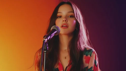 Young singer stands at microphone under split color light
