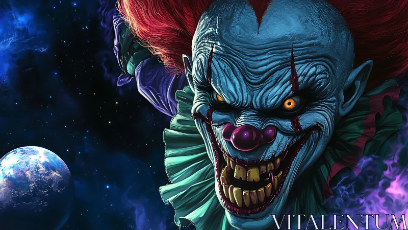 Sinister blue clown portrait in outer space setting.