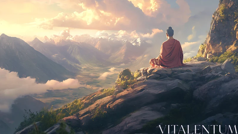 Monk in orange robe meditating above vast mountain valley.