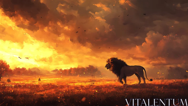 Lone lion traverses sunlit savanna under incendiary sky