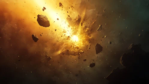 Star core detonates amid dense asteroid field in space