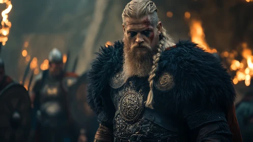 Fierce Viking warrior stands strong before burning shields.