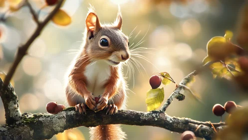 Curious squirrel perched on autumn branch in soft, dreamy light.