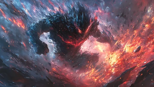 Fiery humanoid monster charges through erupting molten field