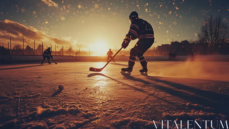 Backlit outdoor hockey game captures dynamic motion and ice detail