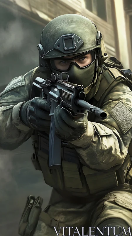 Urban phantom marksman poised in swirling battlefield haze.