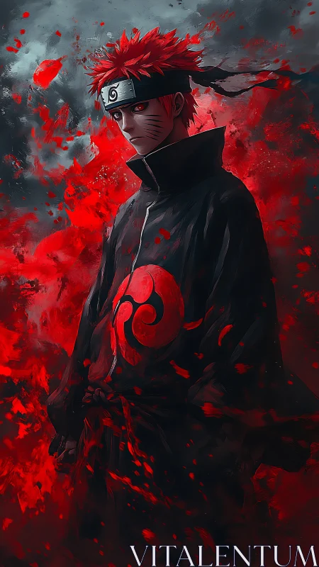 Digital painting of red-cloaked shinobi in turbulent aura field.