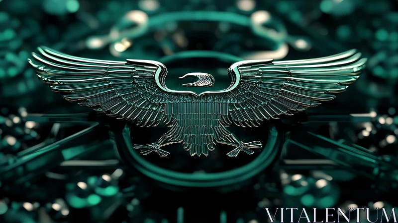 Metallic winged eagle emblem on dark teal mechanical field.