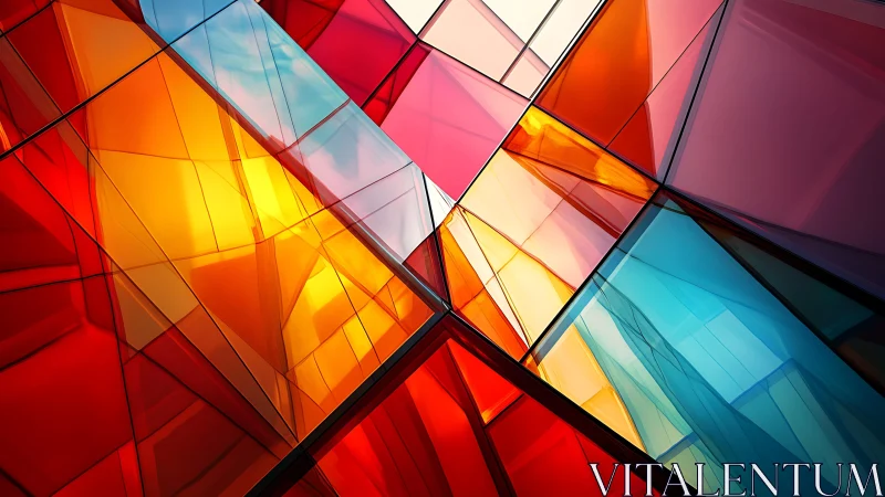 Abstract geometric stained glass with vivid red, orange, and blue hues.