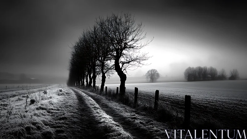 Winter lane receding into mist beneath stark bare trees.