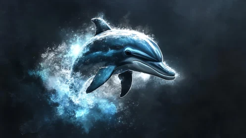 Luminescent blue dolphin bursting through vaporous surf.