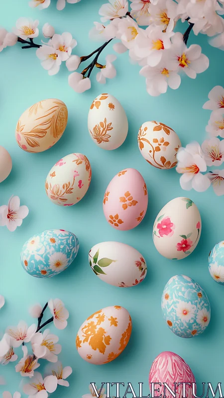 Gentle spring blossoms surround softly painted Easter eggs