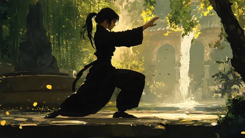 Martial artist poised in sunlit garden beside falling water.