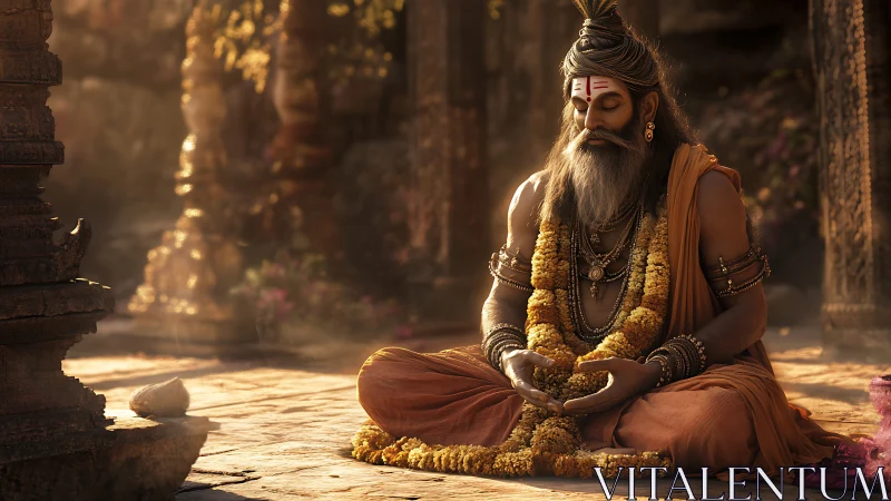 Meditating sage in golden-hour temple courtyard, garlanded, serene