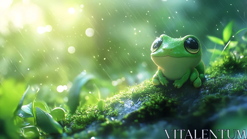 Cute green tree frog under glowing forest rain shower.