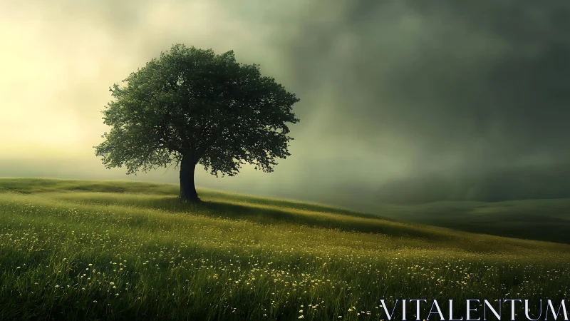 Isolated deciduous tree on luminant meadow under diffuse stormlight.