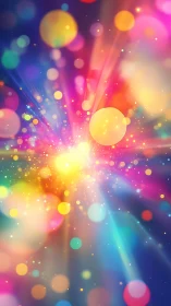 Radial light burst with multicolor bokeh particles and lens flare