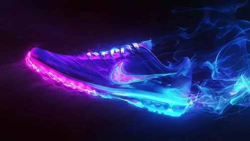 Neon trail running shoe glowing with electric motion.