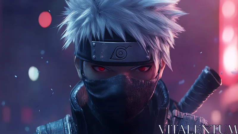 Silent masked warrior meets the neon night with calm power